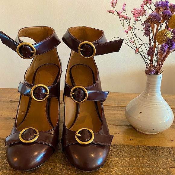 Chloe Shoes - Chloe Triple Strap Leather Pumps, Burgundy Color, Size 37 (US Size 7)